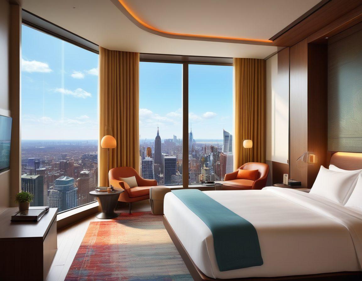 A modern hotel room showcasing a sleek tablet on a bedside table, displaying smart features like room control and booking services. Illustrate a traveler using the tablet while relaxing in a luxurious bed, with vibrant city views through the window. Incorporate high-tech elements like digital screens and gadgets in the room for a futuristic feel. super-realistic. vibrant colors. cozy atmosphere.