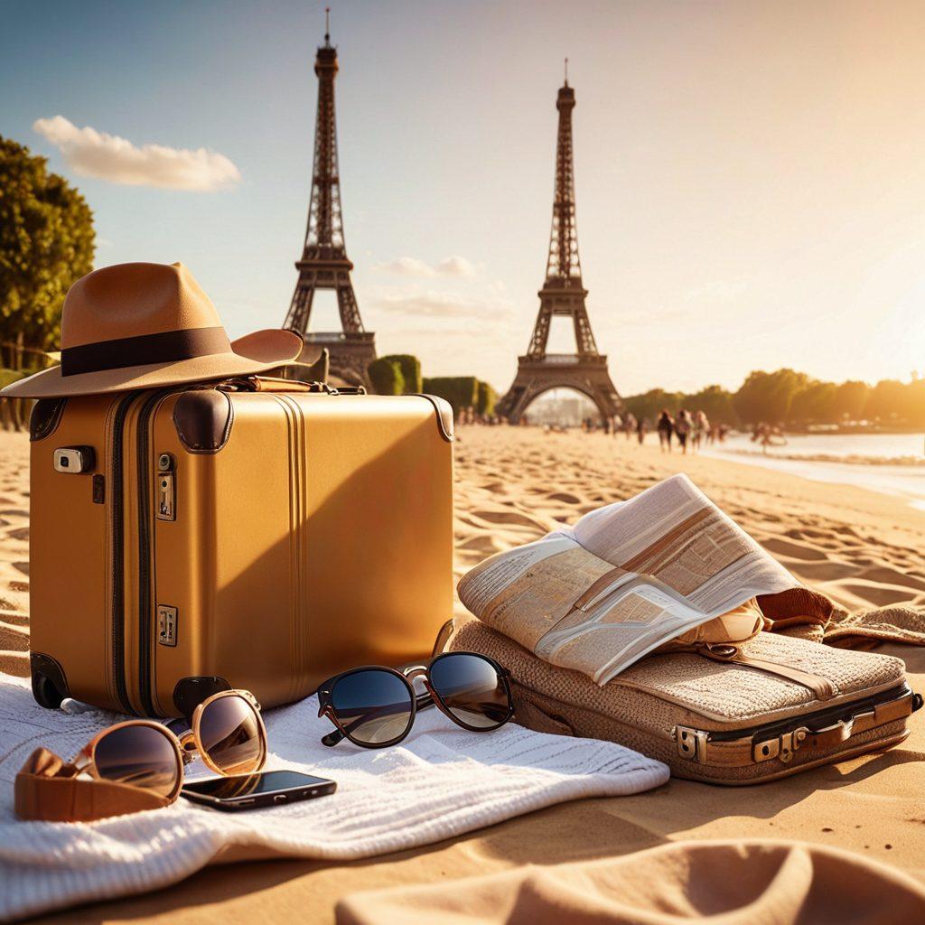 A serene travel scene featuring a diverse group of travelers enjoying leisure activities in various global destinations, surrounded by essential travel devices like smartphones, travel guides, and gadgets. The background showcases iconic landmarks like the Eiffel Tower, a serene beach, and a bustling cityscape, all bathed in warm sunlight. Include elements that represent both business and leisure, such as a laptop on a beach towel and a suitcase filled with travel gear. Capture the essence of adventure and relaxation. super-realistic. vibrant colors. 3D.
