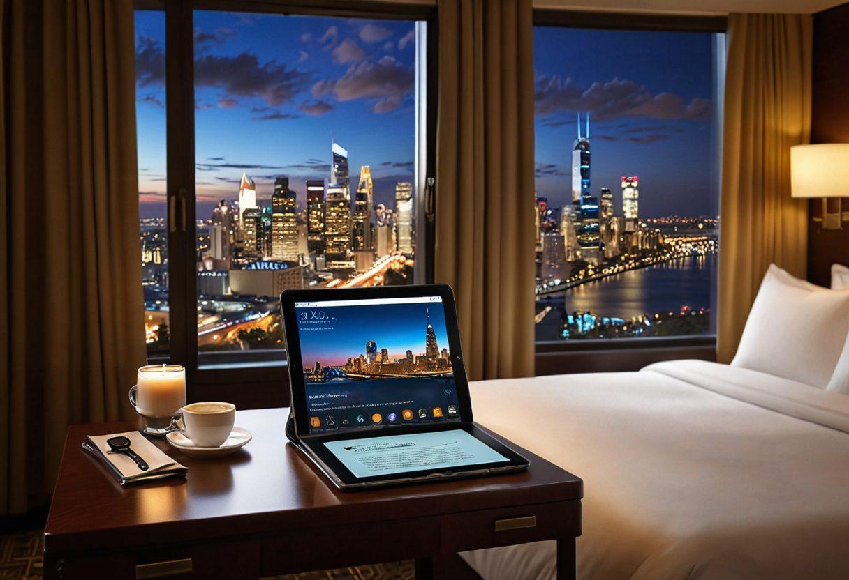 An elegant traveler's tablet displaying hotel reviews in a luxurious hotel setting, with a stunning view of a city skyline through a large window. Include a cozy bed in the background, a stylish suitcase, and a steaming cup of coffee on a bedside table, creating a warm ambience. Luxurious and modern design elements to emphasize a tech-savvy travel experience. soft lighting. super-realistic. vibrant colors.